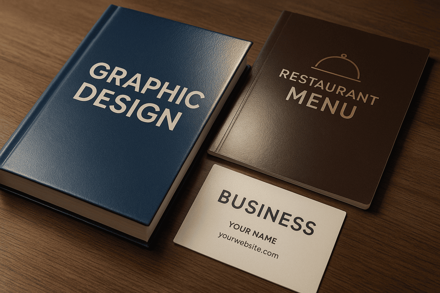 Ejemplo de productos laminados con diferentes acabados en artes gráficas Libro, menú de restaurante y tarjeta de visita con acabados laminados brillantes y mates sobre una mesa de madera, iluminados por contraluz cálida que resalta los reflejos del laminado.
