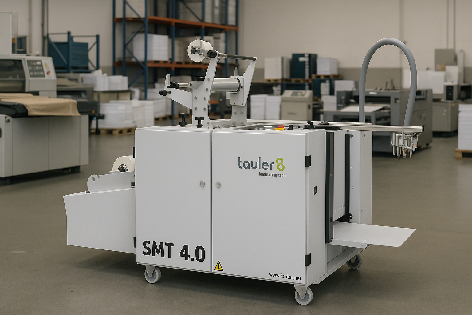 Laminadora automática Tauler SMT 4.0 en funcionamiento dentro de un taller de impresión profesional.