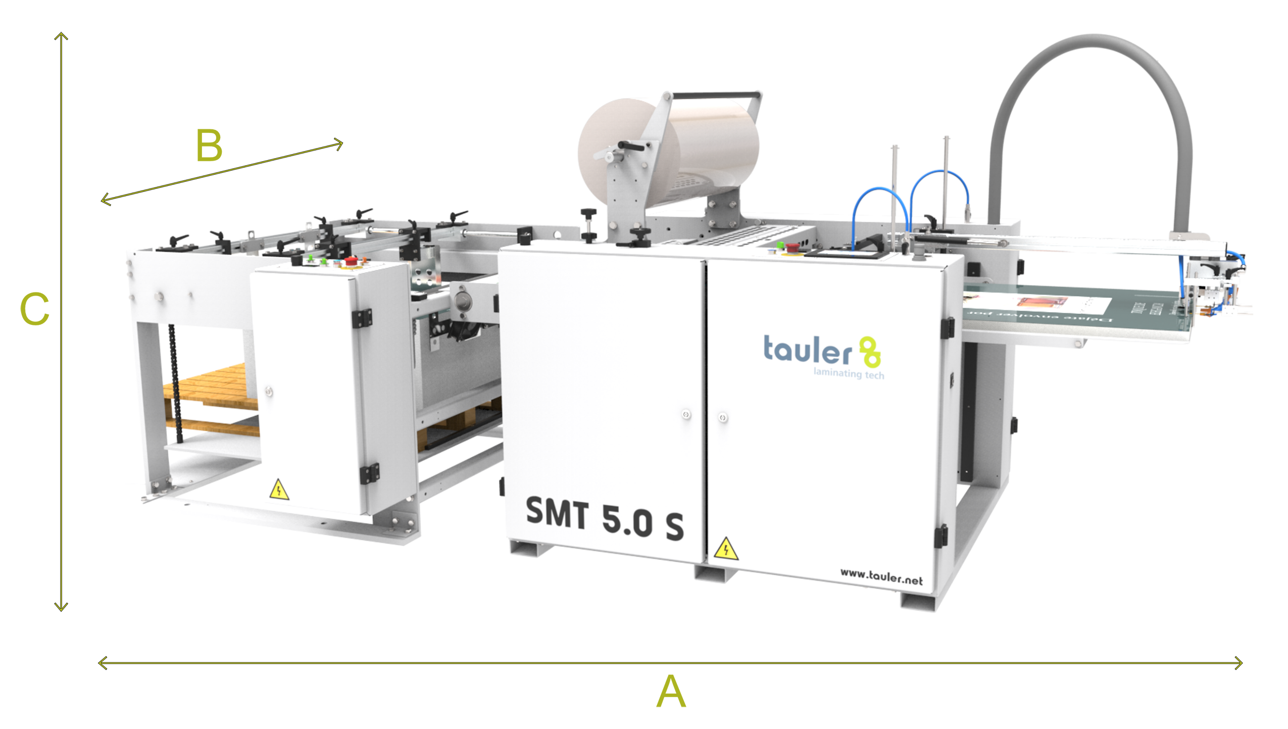 Tauler Laminating Tech SMT 5.0 automatic laminator with dimensions A, B and C.